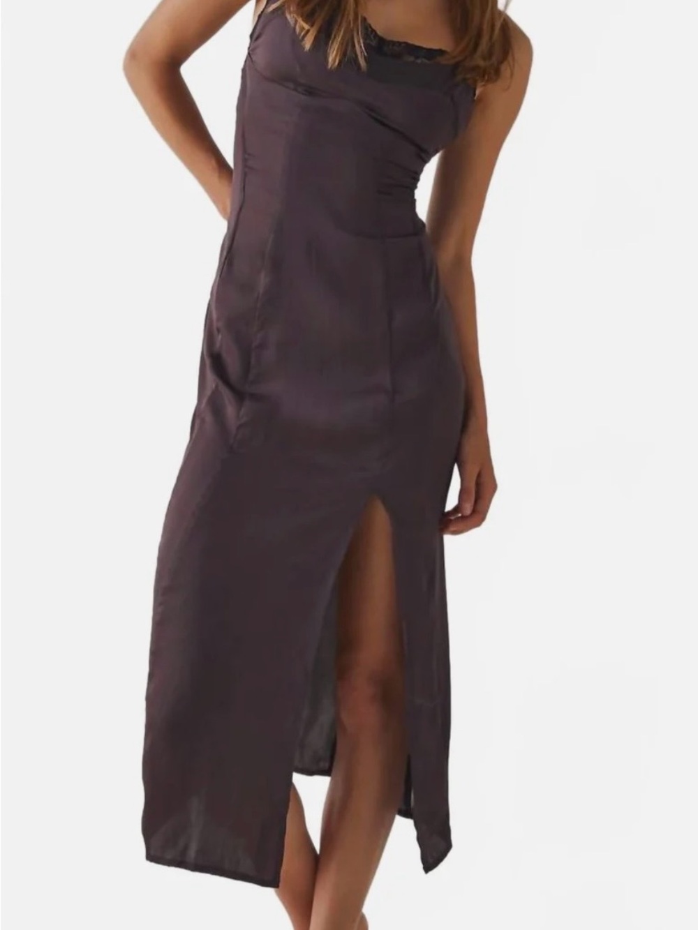 Free People Elegant Chocolate Merlot Slip Dress with semi sheer side panel.